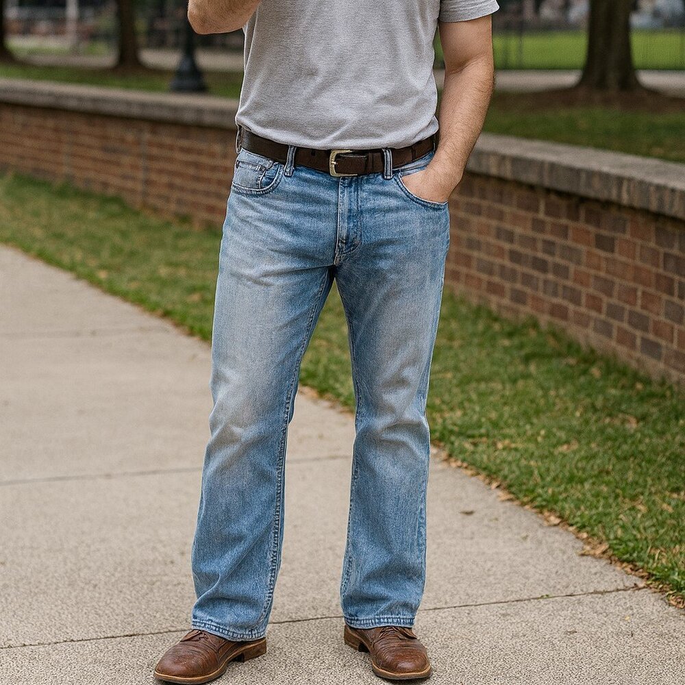 Rustic Blue Light Wash Distressed Rigid Cotton Bootcut Denim Jeans Mens 38x28.5